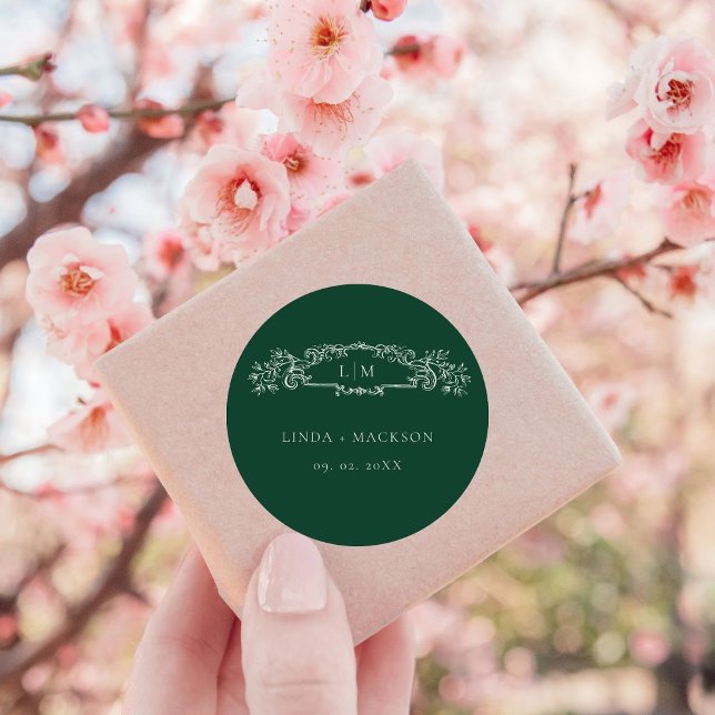 Sticker Rond Mariage de monogramme de crête botanique Emerald G (Créateur téléchargé)