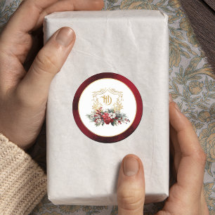 Sticker Rond Mariage de monogramme de crête florale de Noël cla