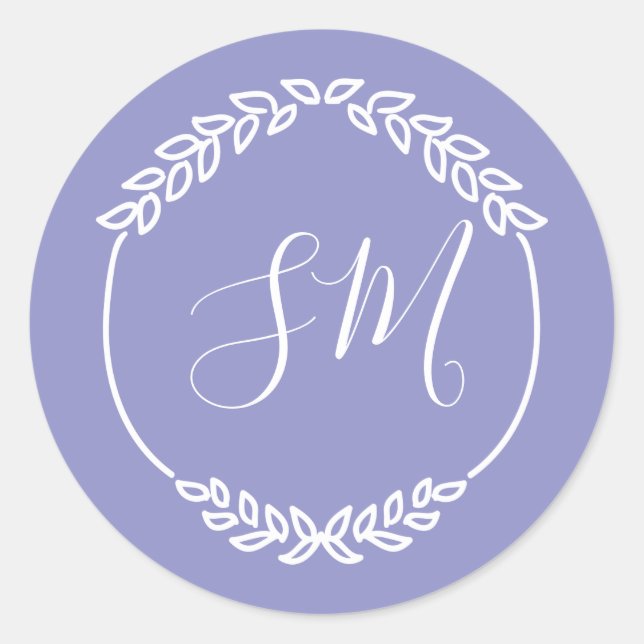 Sticker Rond Mariage de monogramme de feuille blanche violette (Devant)