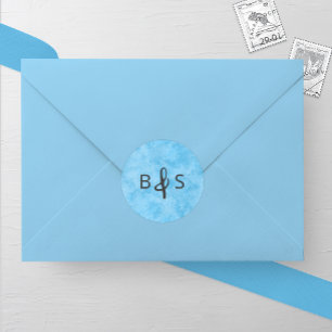 Sticker Rond Mariage de monogramme de gel d'hiver bleu