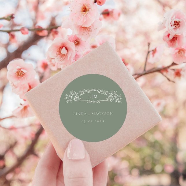 Sticker Rond Mariage de monogramme de la crête botanique verte  (Créateur téléchargé)