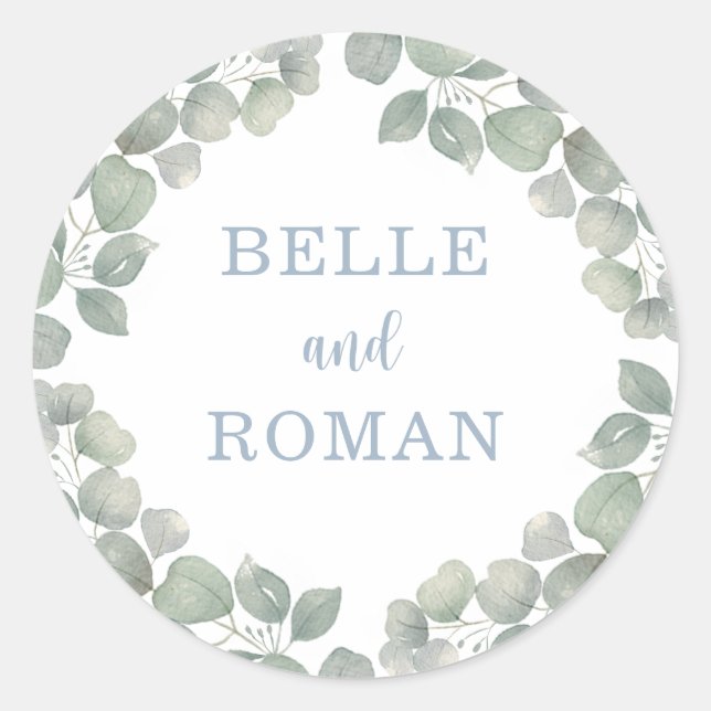 Sticker Rond Mariage de monogramme d'eucalyptus rustique (Devant)