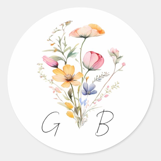 Sticker Rond Mariage de monogramme du Fleur sauvage de prairie  (Devant)