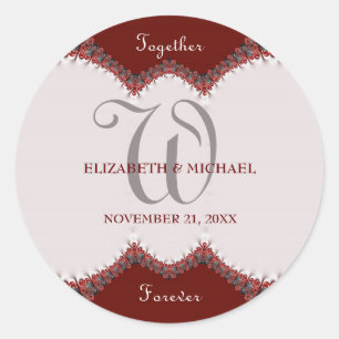 Sticker Rond Mariage de monogramme en dentelle rouge et blanche