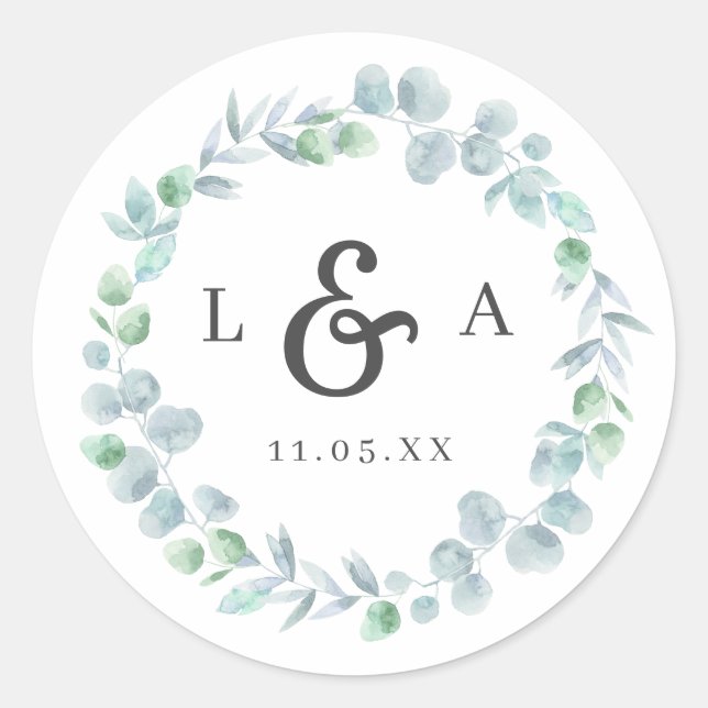 Sticker Rond Mariage de monogramme Ethérée Eucalyptus (Devant)