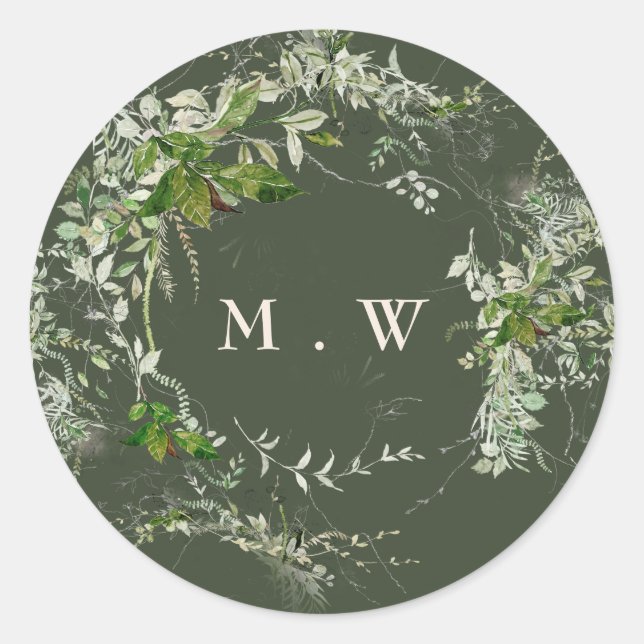 Sticker Rond Mariage de monogramme Eucalyptus Élégant Vert (Devant)
