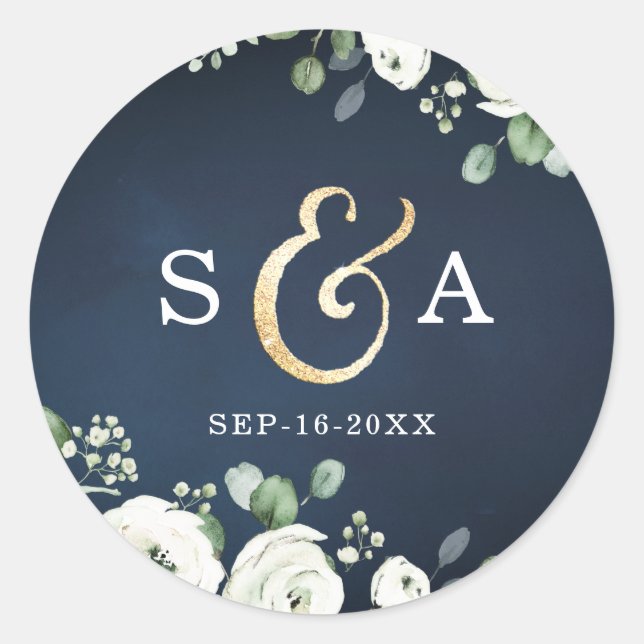 Sticker Rond Mariage de monogramme floral blanc marine (Devant)