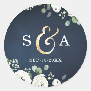 Sticker Rond Mariage de monogramme floral blanc marine