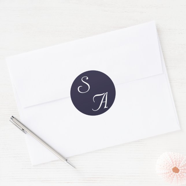 Sticker Rond Mariage de Monogramme moderne de la Marine bleue (Enveloppe)