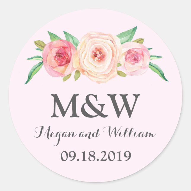 Sticker Rond Mariage de monogramme rose pâle (Devant)