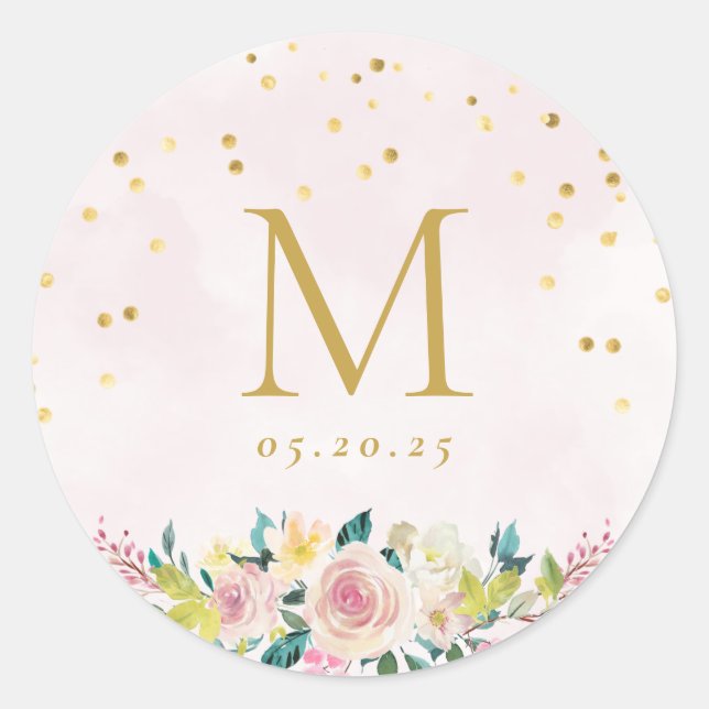 Sticker Rond Mariage de monogramme rose pâle (Devant)