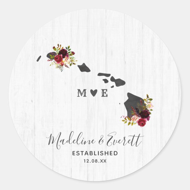 Sticker Rond Mariage de monogramme rustique Hawaii State Destin (Devant)