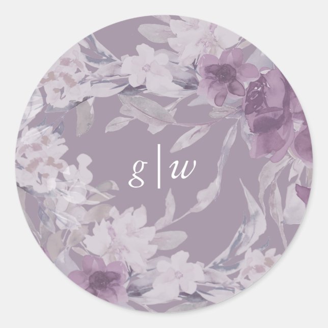 Sticker Rond Mariage de monogramme végétal mauve souple (Devant)