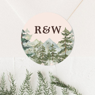 Sticker Rond Mariage de montagne forestier à l'aquarelle rustiq
