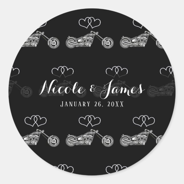 Sticker Rond Mariage de motards Cœurs noirs et argentés (Devant)