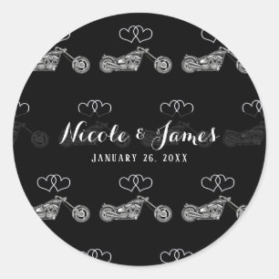 Sticker Rond Mariage de motards Cœurs noirs et argentés