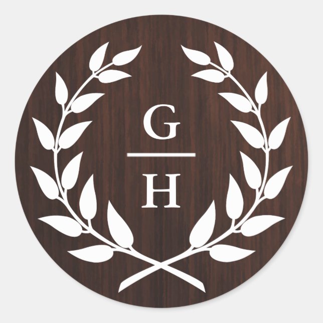 Sticker Rond Mariage de Motif de bois rustique Monogram Laurel  (Devant)