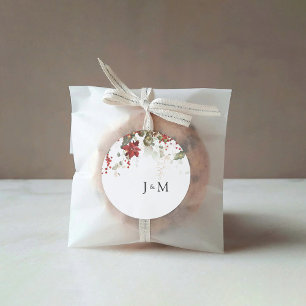 Sticker Rond Mariage de Noël Rouge Poinsettia