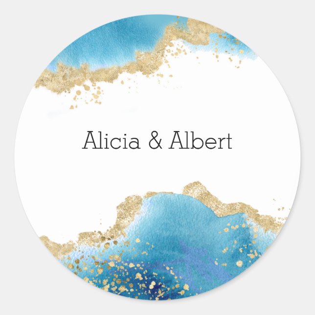 Sticker Rond Mariage de nom personnalisé Abstrait Ocean Gold &  (Devant)