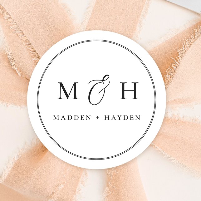 Sticker Rond Mariage de noms de monogramme noir blanc classique (Créateur téléchargé)