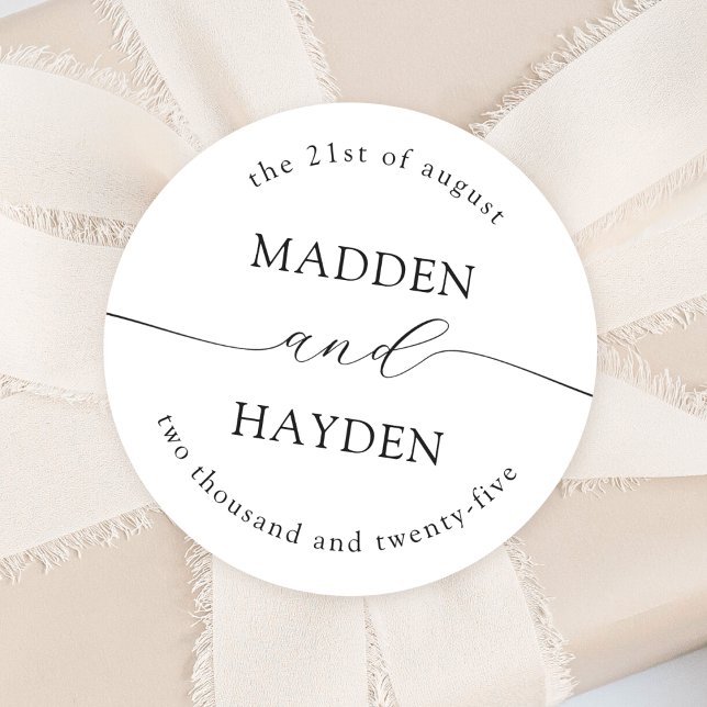 Sticker Rond Mariage de noms personnalisés en noir blanc classi (Créateur téléchargé)