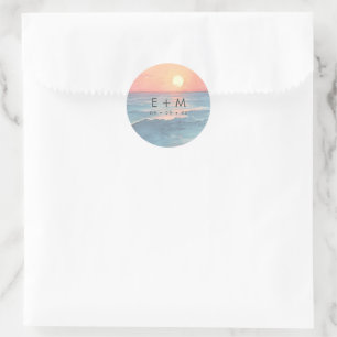 Sticker Rond Mariage de plage à l'aquarelle au coucher du solei