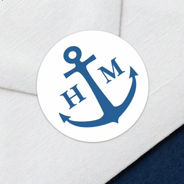 Sticker Rond Mariage de plage à monogramme d'ancre nautique (Anchor Monogram Envelope Stickers in Elegant Navy Blue from Coastal Map Designs)