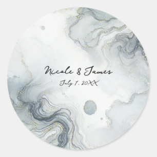 Sticker Rond Mariage de plage aquarelle bleu gris et or