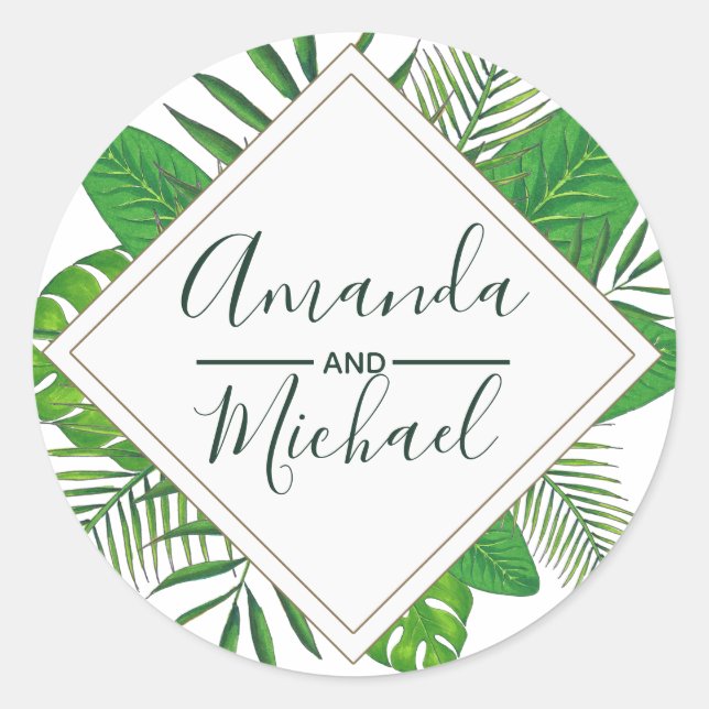 Sticker Rond Mariage de plage aux feuilles tropicales à l'aquar (Devant)