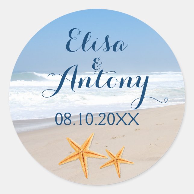 Sticker Rond Mariage de plage de destination Starfish Enregistr (Devant)