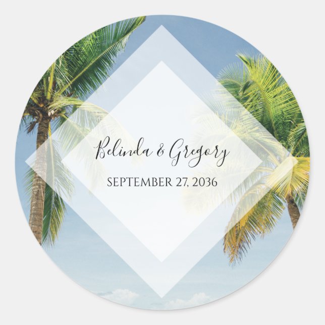 Sticker Rond Mariage de plage de palmiers tropicaux (Devant)