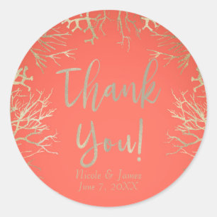 Sticker Rond Mariage de plage élégant corail orange moderne dor