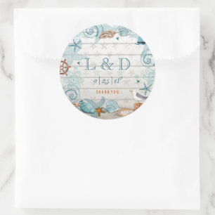 Sticker Rond Mariage de plage nautique bleu élégant