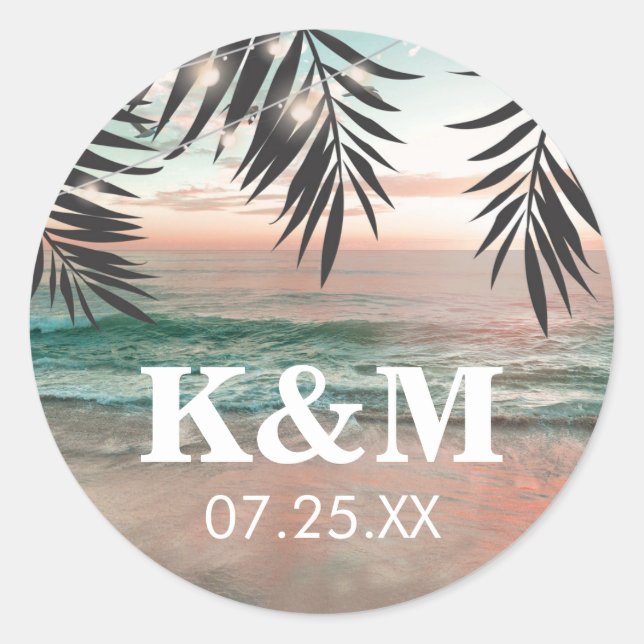 Sticker Rond Mariage de plage tropicale | Chaîne de luminaires  (Devant)
