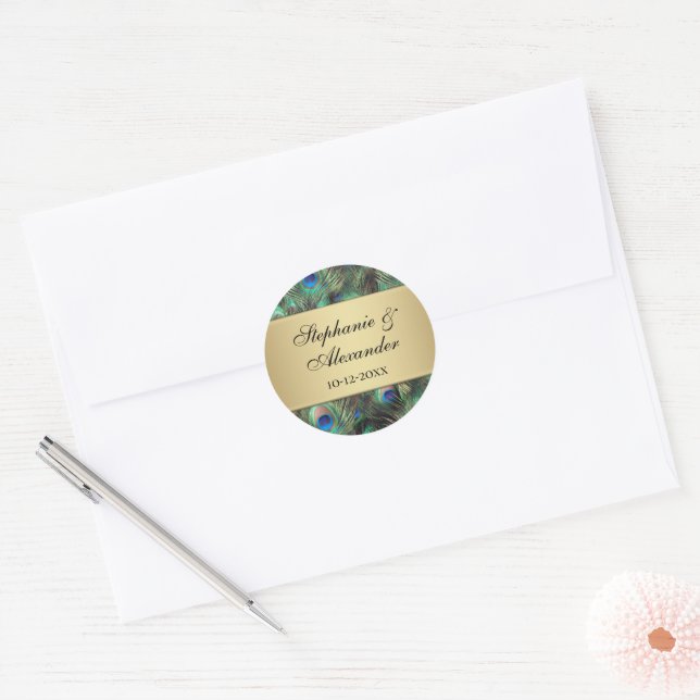 Sticker Rond Mariage de plumes de paon d'or (Enveloppe)