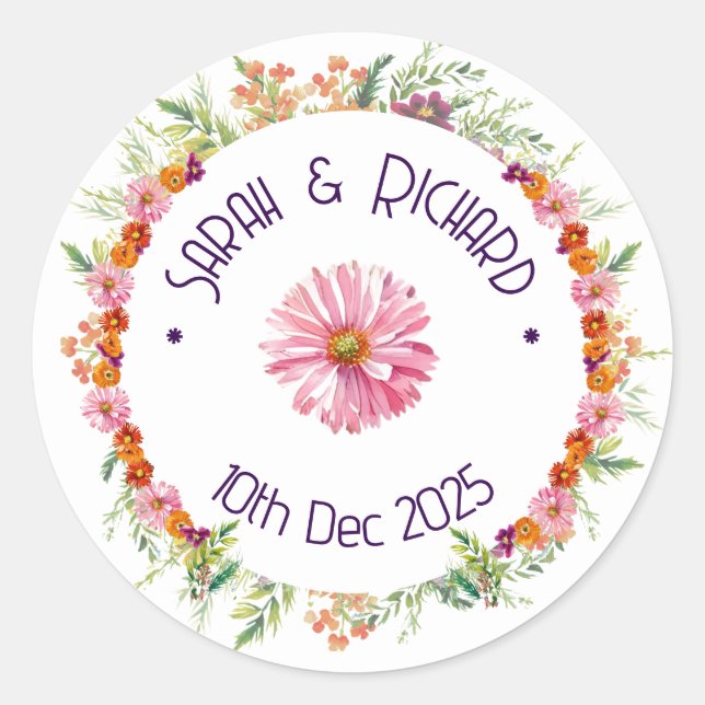 Sticker Rond Mariage de printemps aux fleurs sauvages rustique, (Devant)