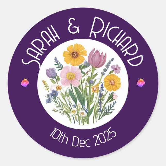 Sticker Rond Mariage de printemps aux fleurs sauvages rustiques (Devant)