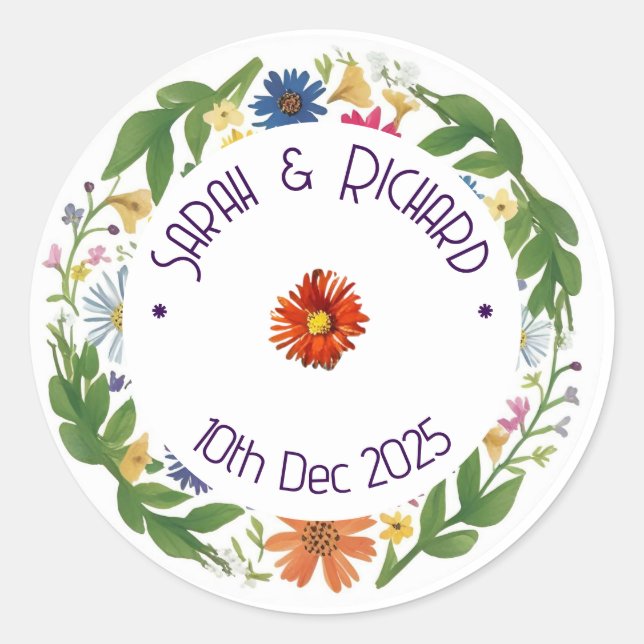 Sticker Rond Mariage de printemps aux fleurs sauvages rustiques (Devant)