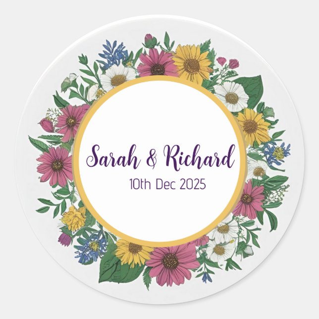 Sticker Rond Mariage de printemps aux fleurs sauvages rustiques (Devant)