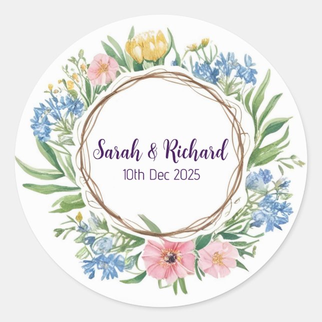 Sticker Rond Mariage de printemps Fleur sauvage rustique, Jardi (Devant)