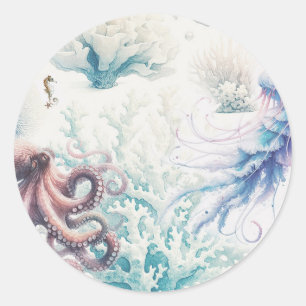 Sticker Rond Mariage de récif d'aquarelle d'eau de mer Ocean Sp
