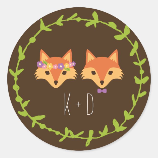 Sticker Rond Mariage de renards de bois de Whimsical (Devant)