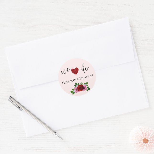 Sticker Rond Mariage de roses rouges et roses (Enveloppe)