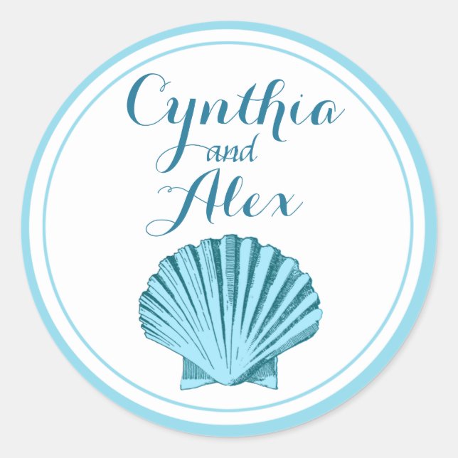 Sticker Rond Mariage de Scallop Seashell Beach | bleu menthe (Devant)