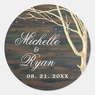 Sticker Rond Mariage de script blanc rustique en bois foncé d'h