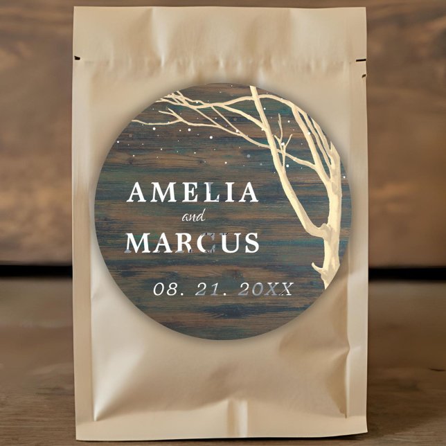 Sticker Rond Mariage de script blanc rustique en bois foncé d'h (Créateur téléchargé)