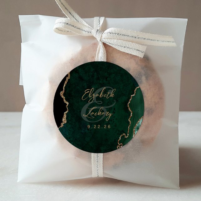 Sticker Rond Mariage de script d'agate d'or Emerald Green (Créateur téléchargé)