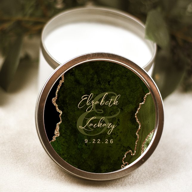 Sticker Rond Mariage de script d'agate d'or vert olive (Créateur téléchargé)