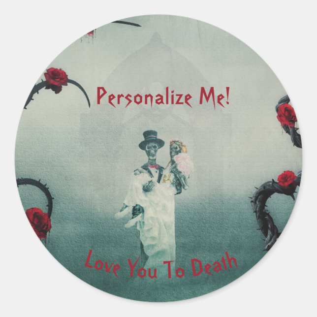 Sticker Rond Mariage de squelette gothique Amour toi jusqu'à la (Devant)