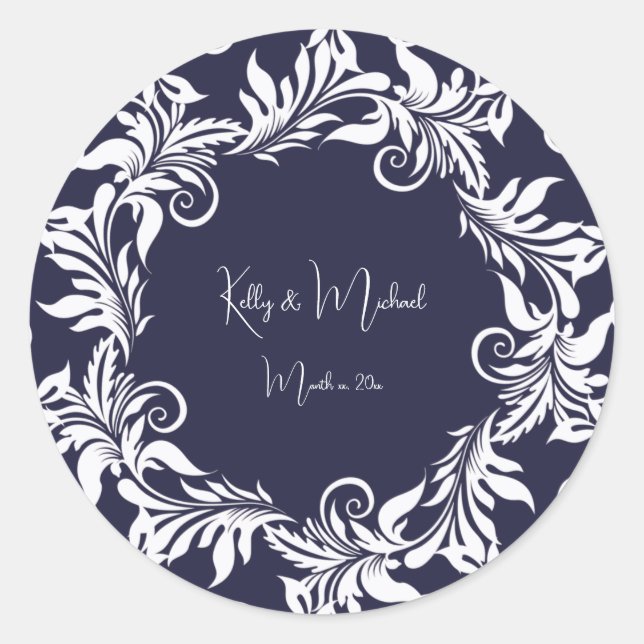 Sticker Rond Mariage de style élégant marine et blanc (Devant)